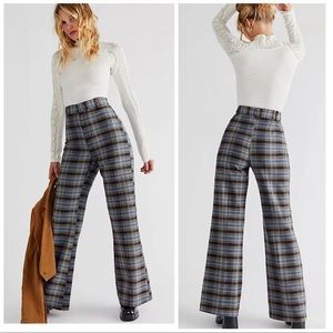 FREE PEOPLE Women Black Blue Combo High Waist Wide Leg Plaid Jules Pants Size 10